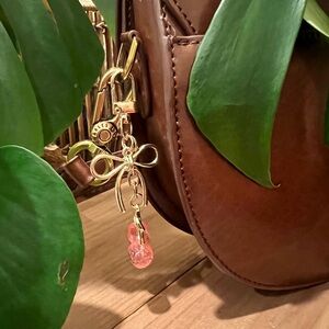 Bow bag charm with pink cherry with Gold Accents